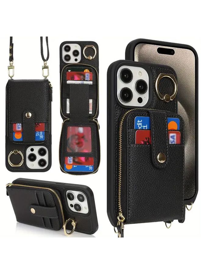 Black Diagonal Zipper Wallet Phone Case for iPhone 14 Plus with RFID Blocking Large Capacity - Image 1